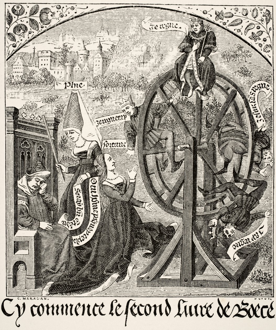 La ruota della fortuna, da Scienza e Letteratura nel Medioevo di Paul Lacroix (1806-84) pubblicato a Londra nel 1878 da French School