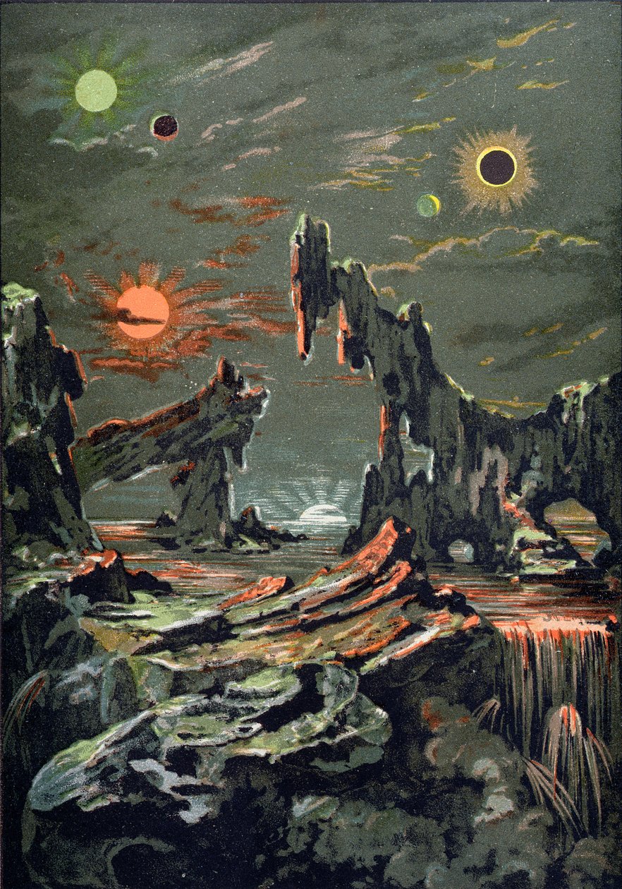 Il mondo di quattro lune e quattro soli, illustrazione da LAstronomie Populaire scritto da Camille Flammarion, 1881 da French School