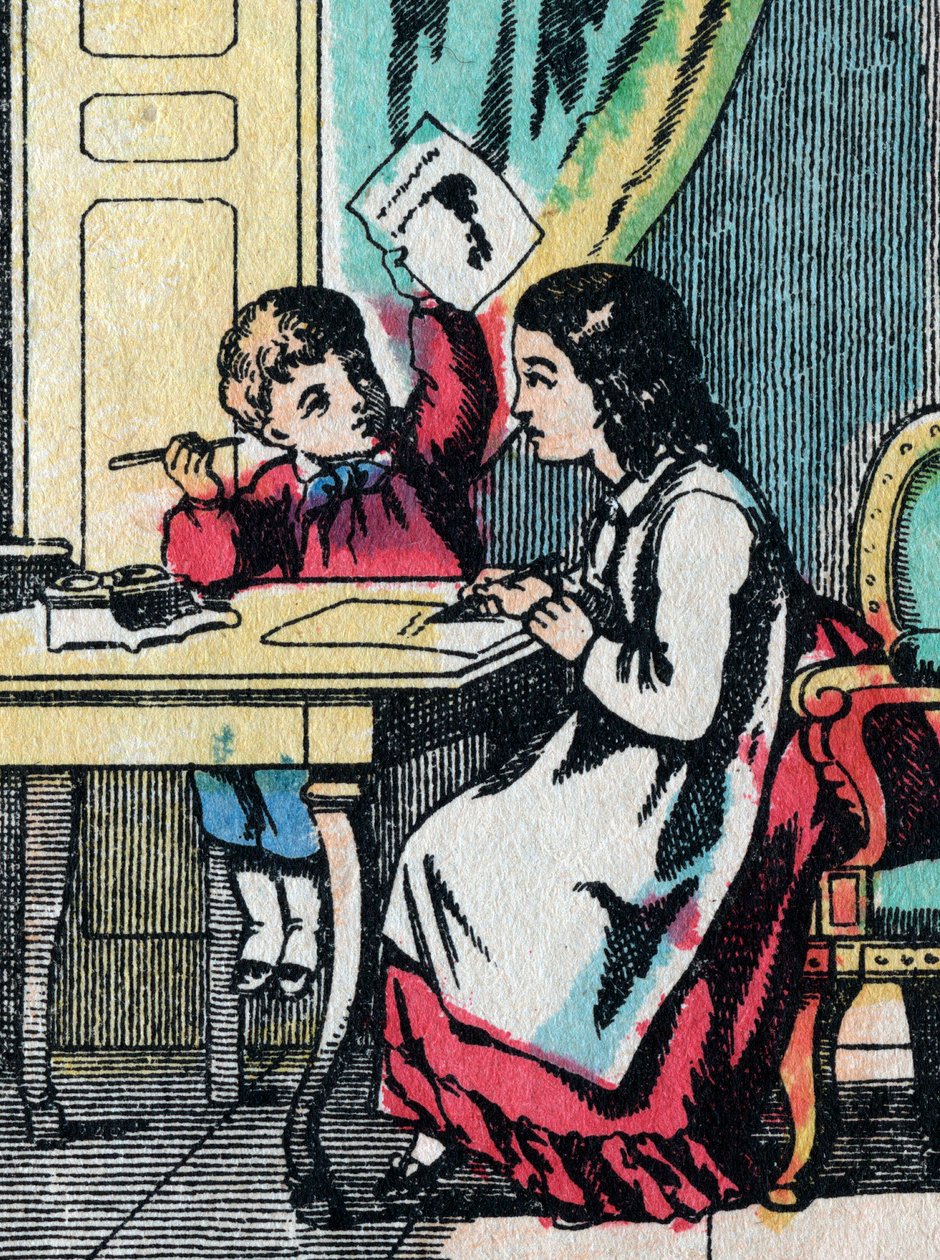 Le attività per ragazze di buone famiglie: aiutare un fratellino nei compiti - Immagine di Epinal - XIX secolo da French School