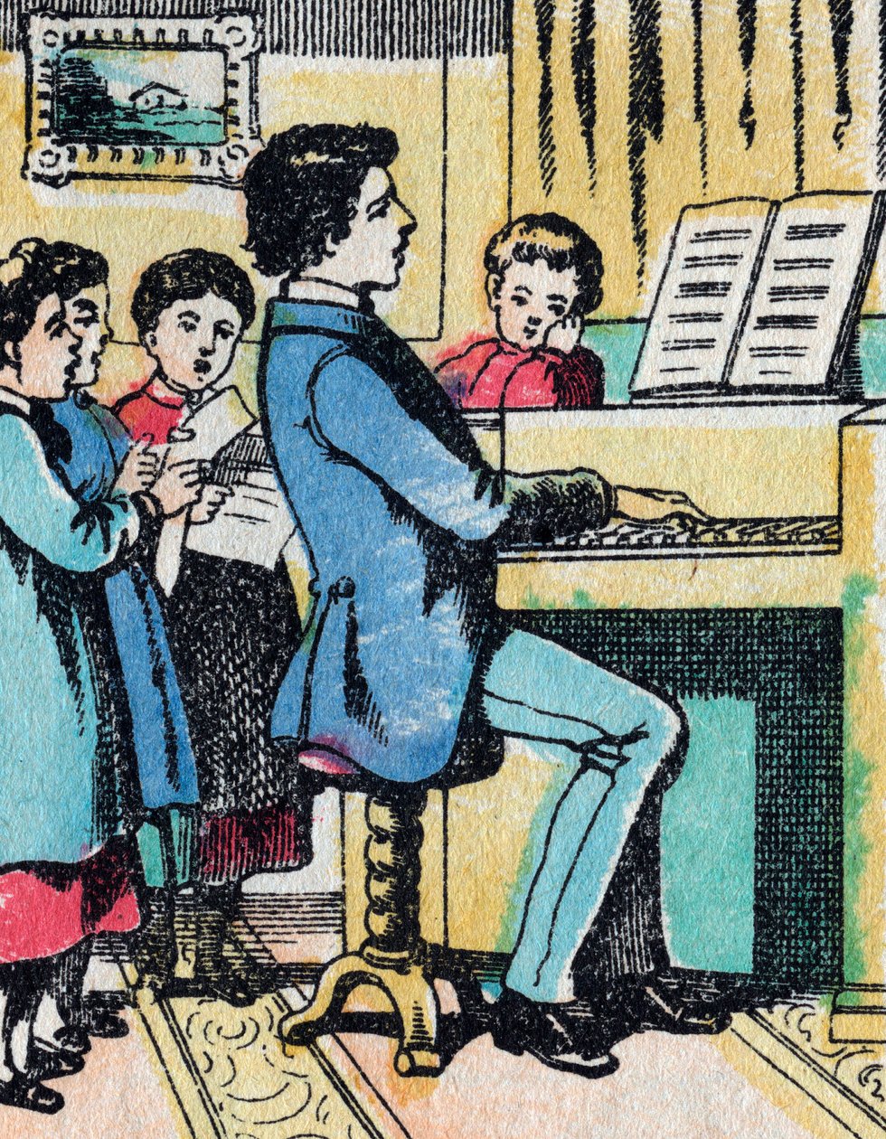 Le attività per le ragazze di buona famiglia: apprendimento della musica - Immagine di Epinal - XIX secolo (incisione) da French School