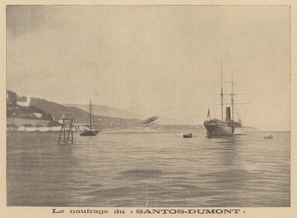 Il dirigibile di Alberto Santos-Dumont si schianta nel Mediterraneo (litografia) da French School