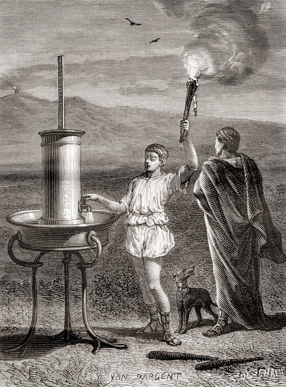 Il sistema di semaforo idraulico greco antico utilizzato da Enea per inviare un messaggio, IV secolo a.C., da Les Merveilles de la Science, pubblicato c.1870 da French School