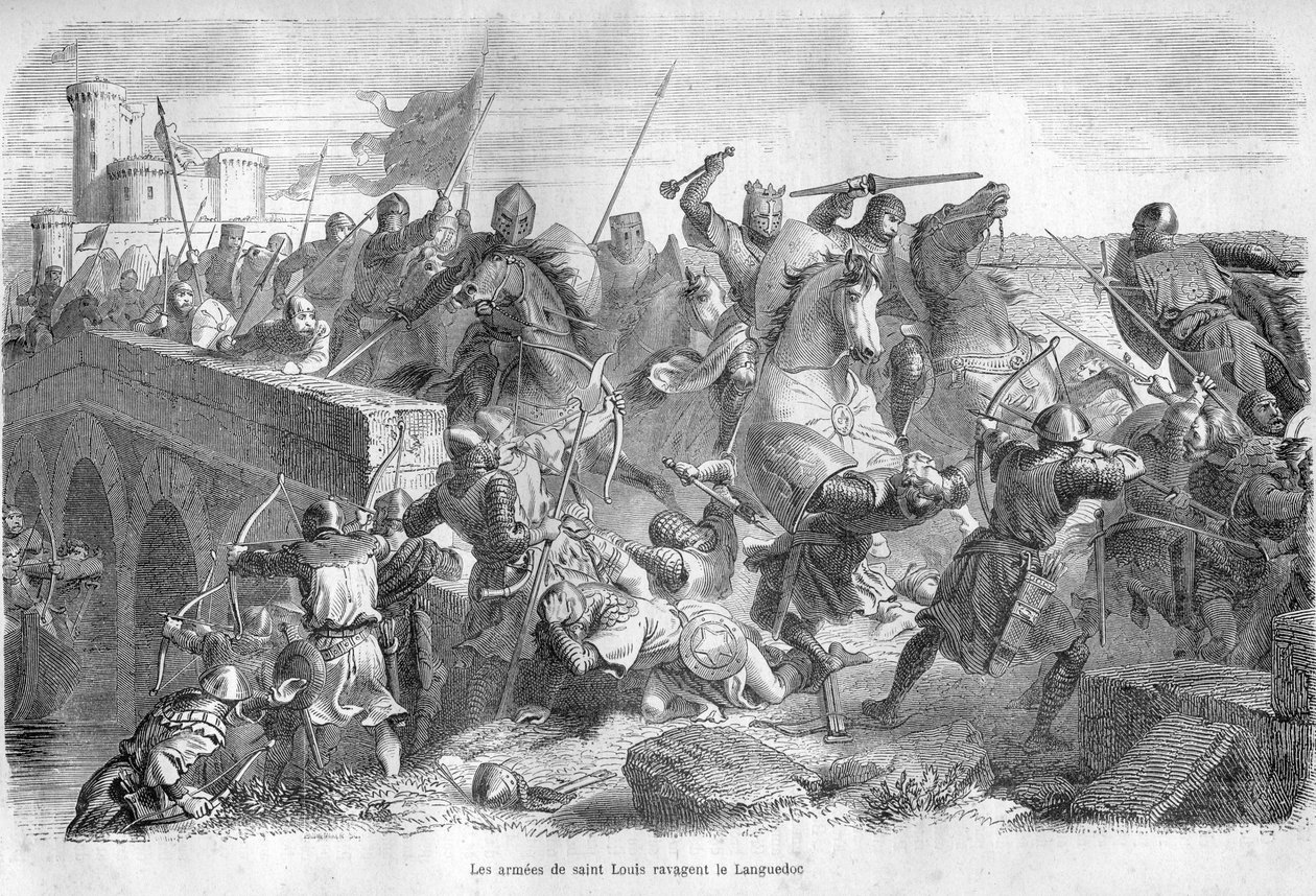 Gli eserciti di San Luigi devastano il Languedoc nel XIII secolo - Incisione in 