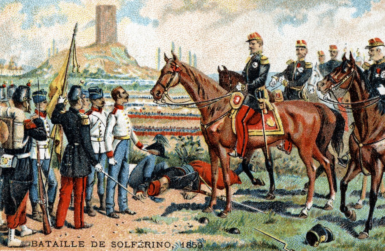La battaglia di Solferino (Italia) tra gli eserciti franco-sardi (vincitori) e austriaci (sconfitti) nel 1859. Cromolitografia del XIX secolo da French School