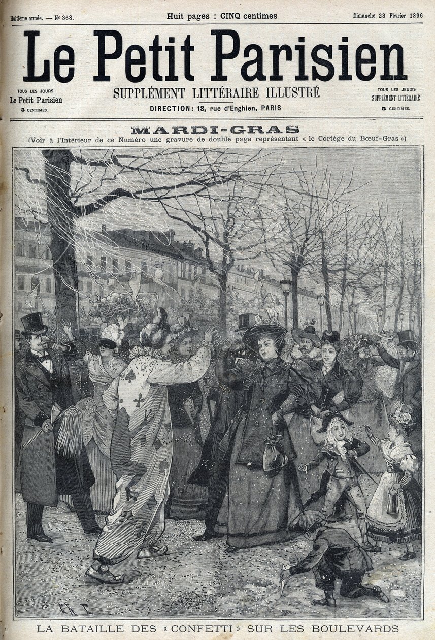 La battaglia dei coriandoli sul boulevard parigino durante il Martedì Grasso. Incisione in "Le Petit Parisien". da French School