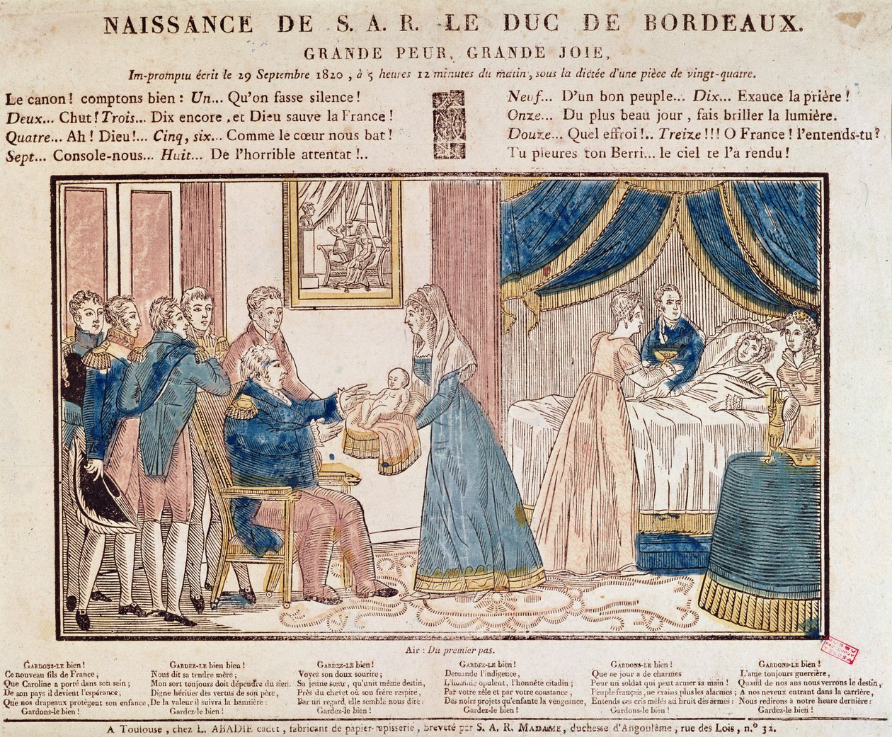 La nascita di Henri Charles Ferdinand Marie Dieudonne de France, Duca di Bordeaux, Conte di Chambord il 29 settembre 1820 da French School