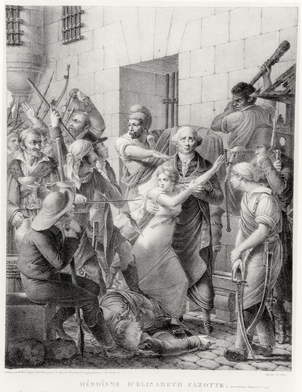 Il coraggio di Elisabeth Cazotte che protegge suo padre dalla folla (incisione) da French School