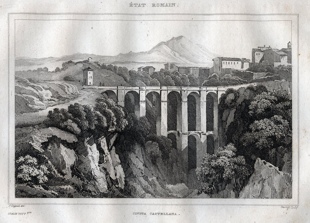 Il ponte ha doppie arcate - CIVITA CASTELLANA - Provincia di Viterbo - Italia - Incisione da 