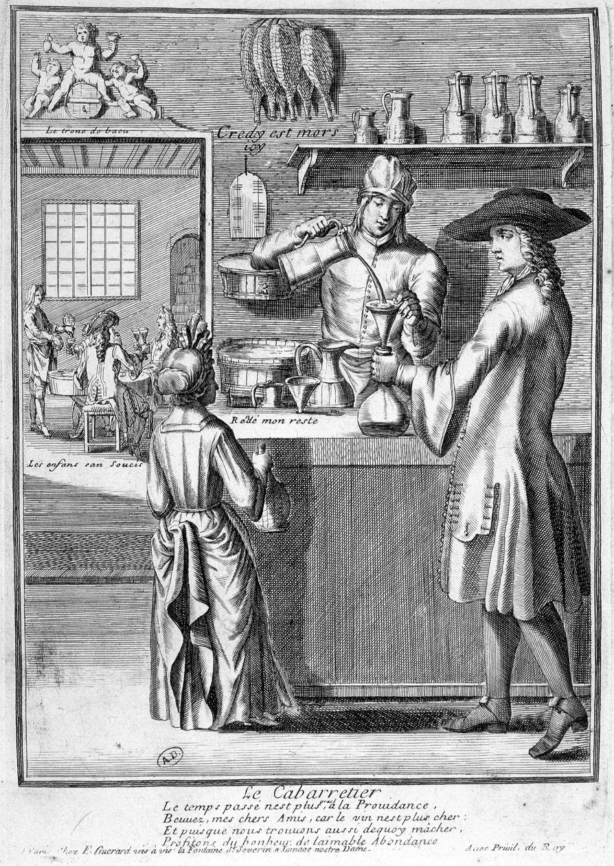 Il cabarettiere che prepara la caraffa di vino - incisione da French School
