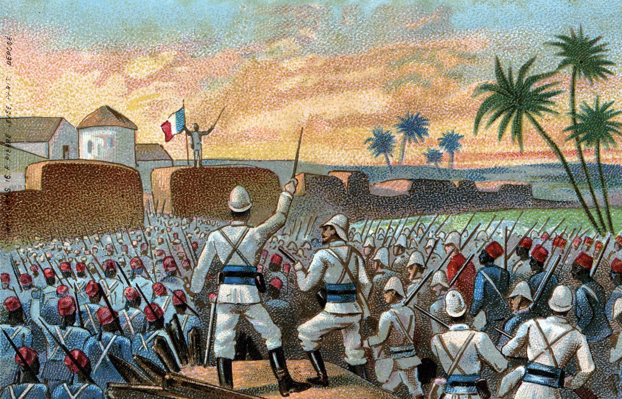 La cattura di Abomey, ex capitale di Behanzin (oggi Benin) da parte della forza di spedizione francese commissionata dal Generale Alfred Amedee Dodds (17 novembre) da French School