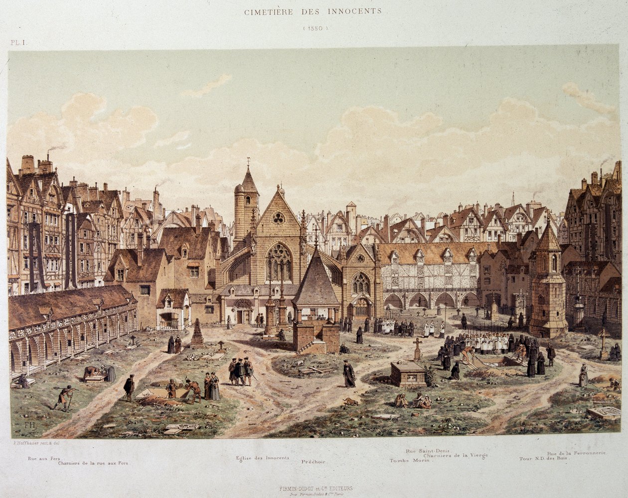 La chiesa e il cimitero degli Innocenti nel 1550 - in "Parigi attraverso i secoli", fine XIX secolo da French School