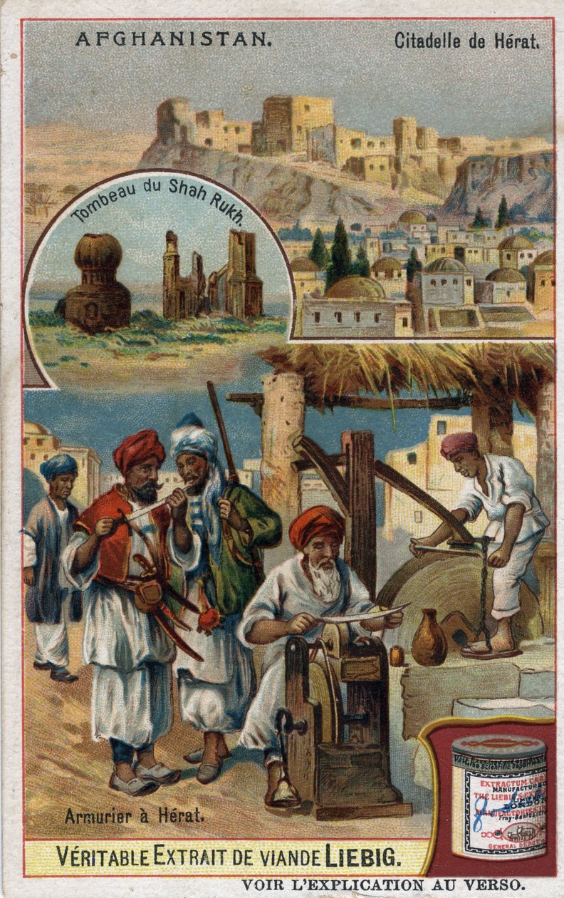 La città e gli armaioli della città di Herat in Afghanistan e la tomba di Shah Rukh. Cromolitografia del XIX secolo da French School
