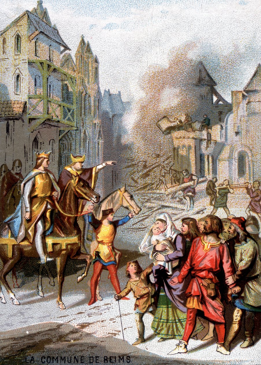 Il comune di Reims (1160) - Rappresaglie di Luigi VII per distruggere le libertà comunali dei borghesi di Reims. Cromolitografia della Serie "Patriotic Education through Image" da French School