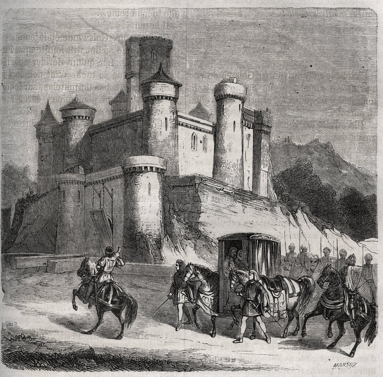 Il corteo di Rigonde (Rigonthe) (intorno al 569-dopo il 589) lascia Parigi per andare dal suo fidanzato, il principe Recarede. Incisione del 1871 in "Histoire Des Cocus Celebres" di Henry de Kock (1819-1892). da French School