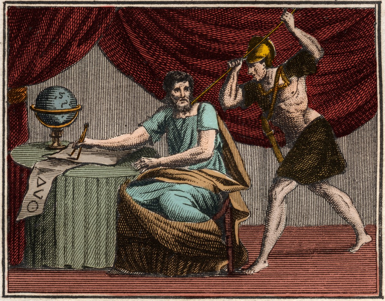 La morte di Archimede durante la cattura di Siracusa, Sicilia, da parte dei soldati romani nel 212 a.C. da French School
