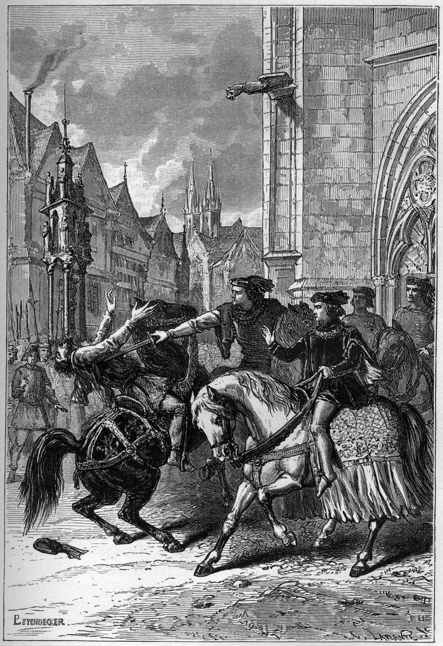 La morte di Wat Tyler a Smithfield, Londra, nel 1381 durante la Rivolta dei Contadini - Morte di Wat (o Walter) Tyler, rivoluzionario inglese, a Smithfield, durante la Rivolta dei Contadini, Londra da French School