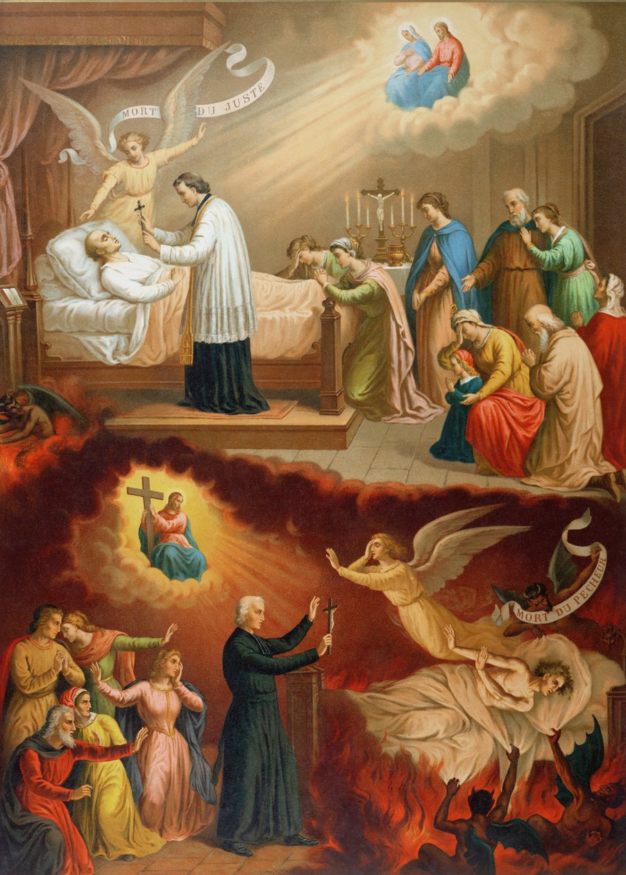 La morte del giusto e la morte del peccatore, illustrazione da un catechismo illustrato, fine del XIX secolo da French School