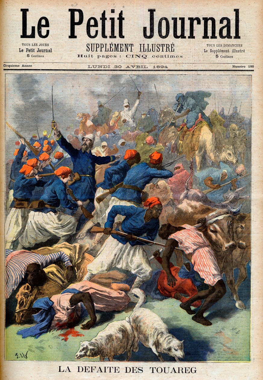 La sconfitta dei Tuareg. Truppe coloniali francesi sotto il comando del tenente colonnello Joseph Joffre (1852-1931) - La sconfitta dei Tuareg. Illustrazione per Le Petit Journal, 30 aprile 1894 (incisione) da French School
