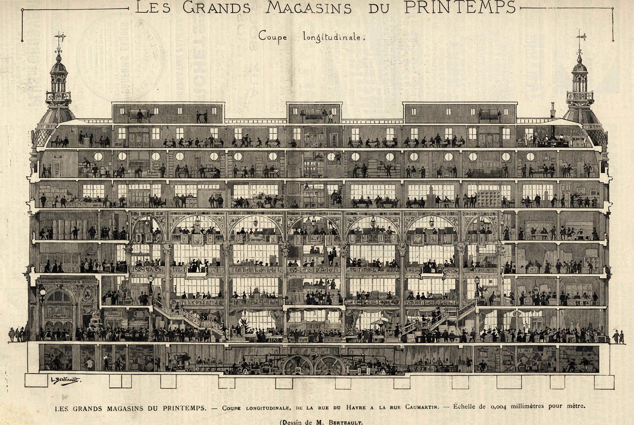 I grandi magazzini Printemps nel 1889, sezione longitudinale, da Rue du Havre a Rue Caumartin, disegno di Berteault, collezione Bianchetti da French School