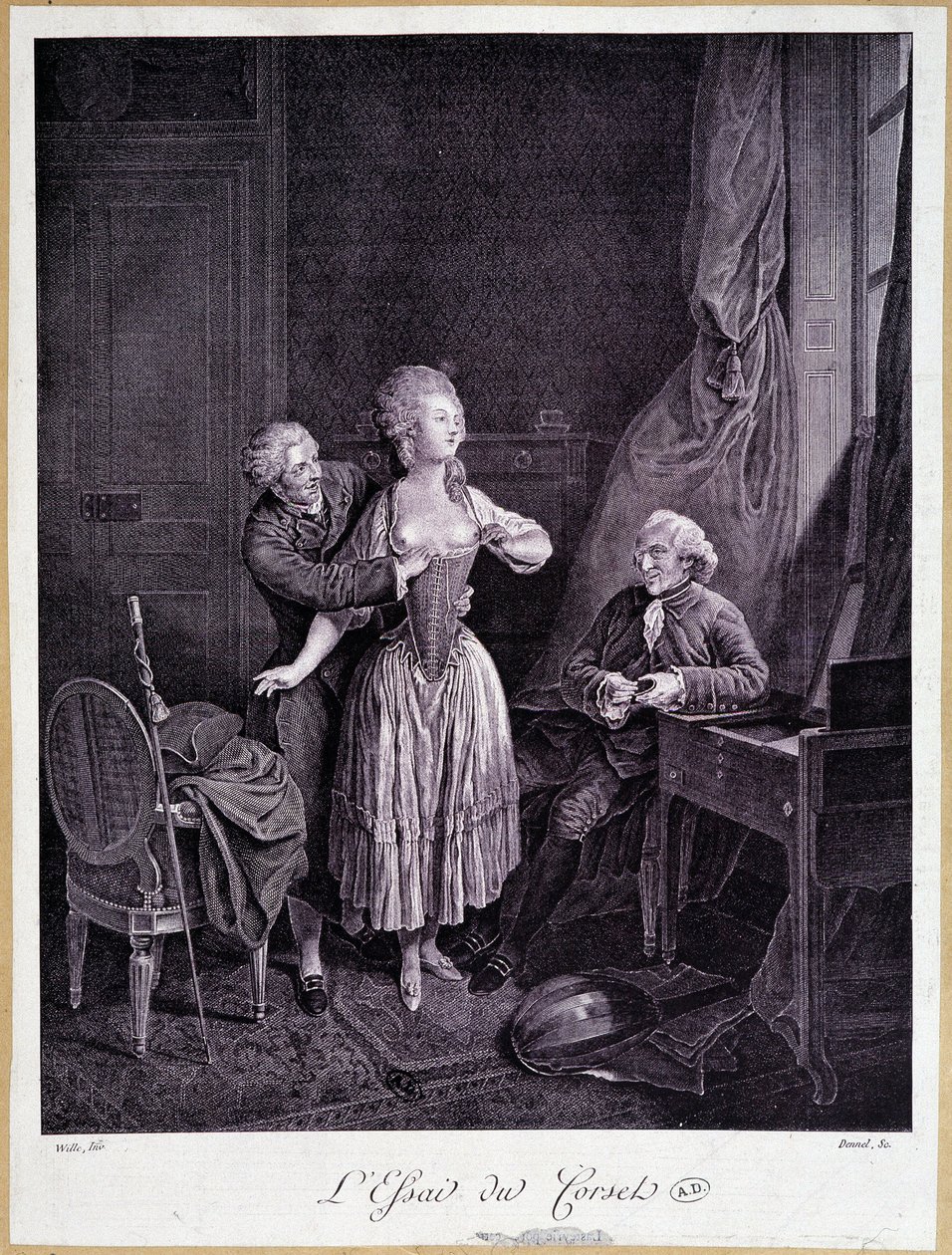La prova del corsetto (due uomini e una donna con seni scoperti) - incisione del XVIII secolo da French School