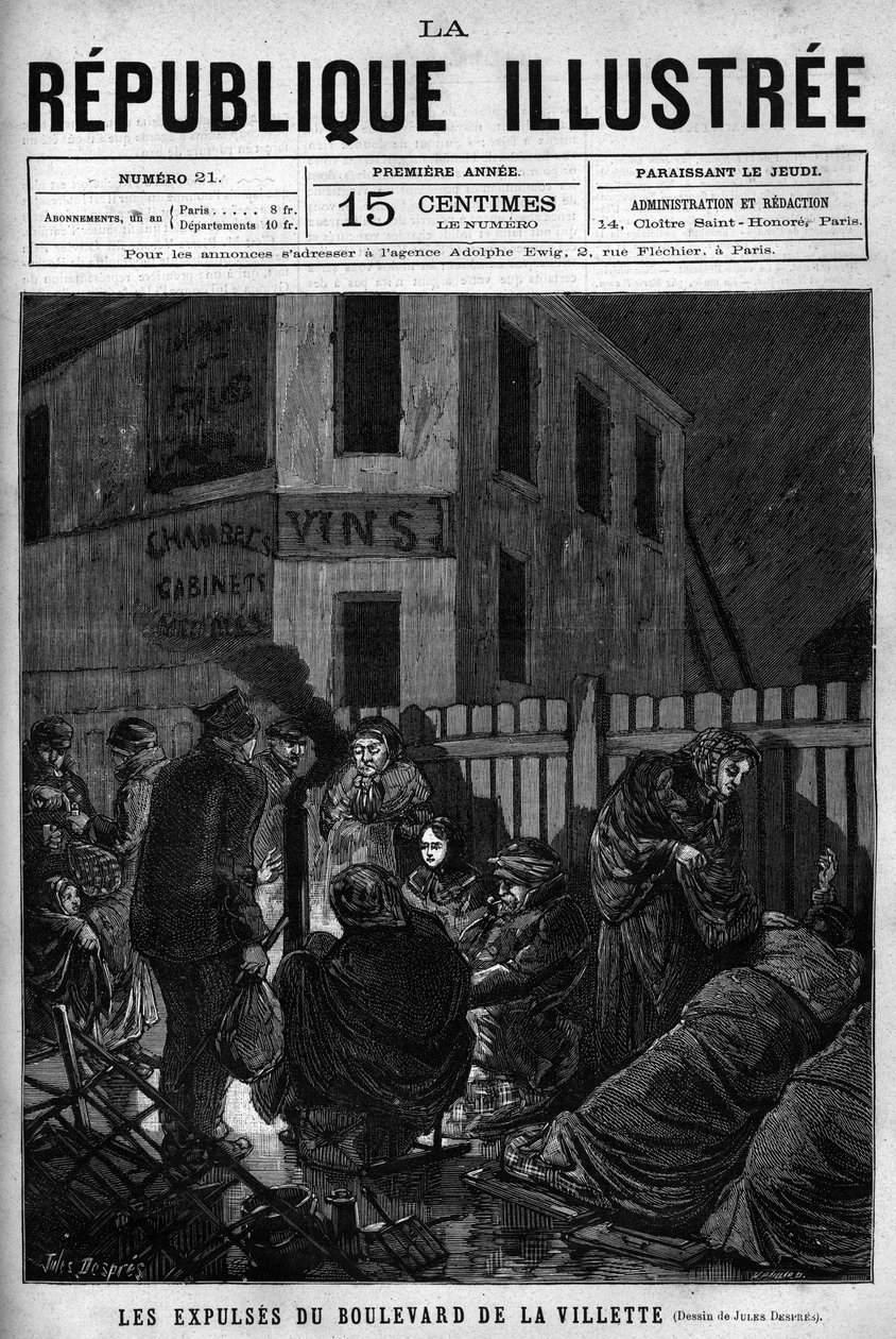 Gli sfratti del Boulevard de la Villette: operai espulsi da una città parigina devono dormire per strada (S.D.F.). Un giornale. Incisione del 1880 in "La republique illustree" collezione privata. da French School