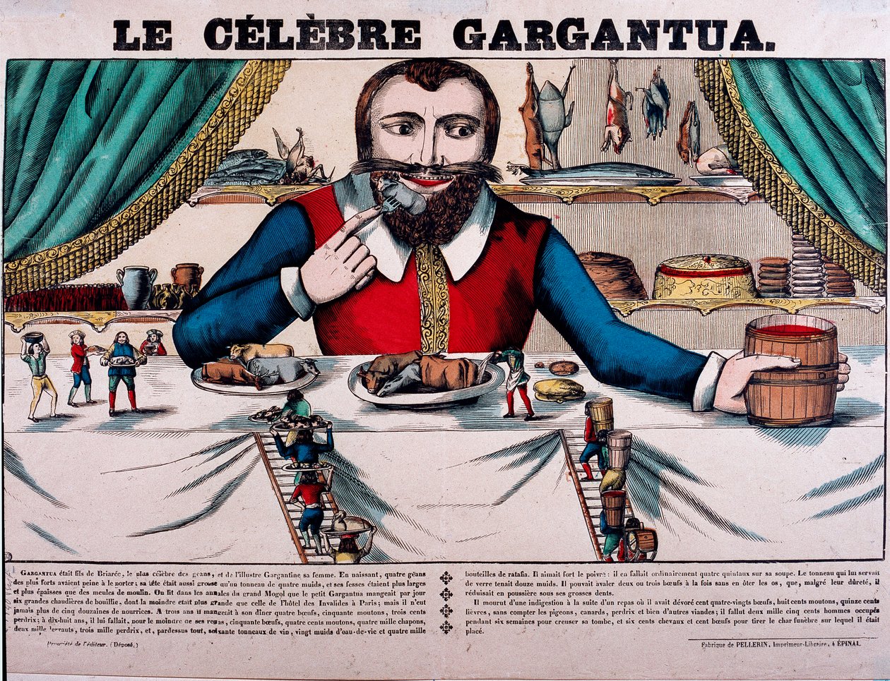 Il famoso personaggio Gargantua dei romanzi di François Rabelais (1494-1553), scrittore francese. Gargantua ha un grande baldacchino e ha tutti i tipi di piatti. Immagine di Épinal del XIX secolo da French School