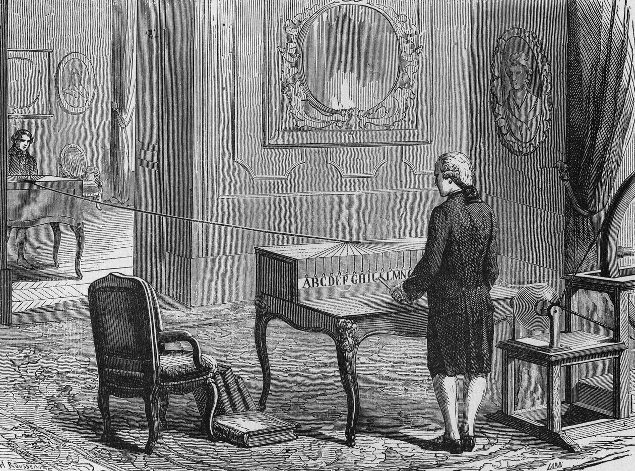 Il primo telegrafo elettrico (apparato di Georges Lesage), Ginevra 1760. In "Album della Scienza", Éditions Jouvet da French School