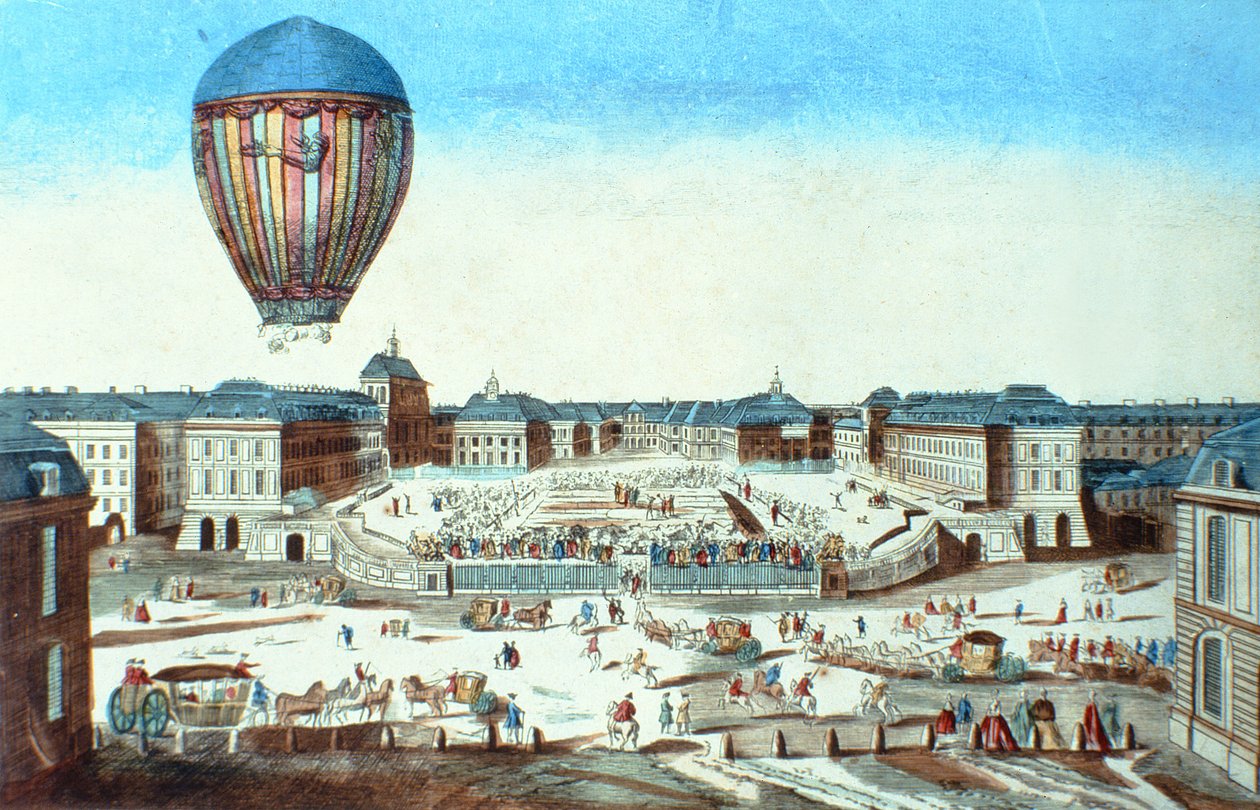 Il primo volo del pallone aerostatico di Pilatre du Rozier, intitolato al suo sponsor, M. Montgolfier, a Versailles il 23 giugno 1784 da French School