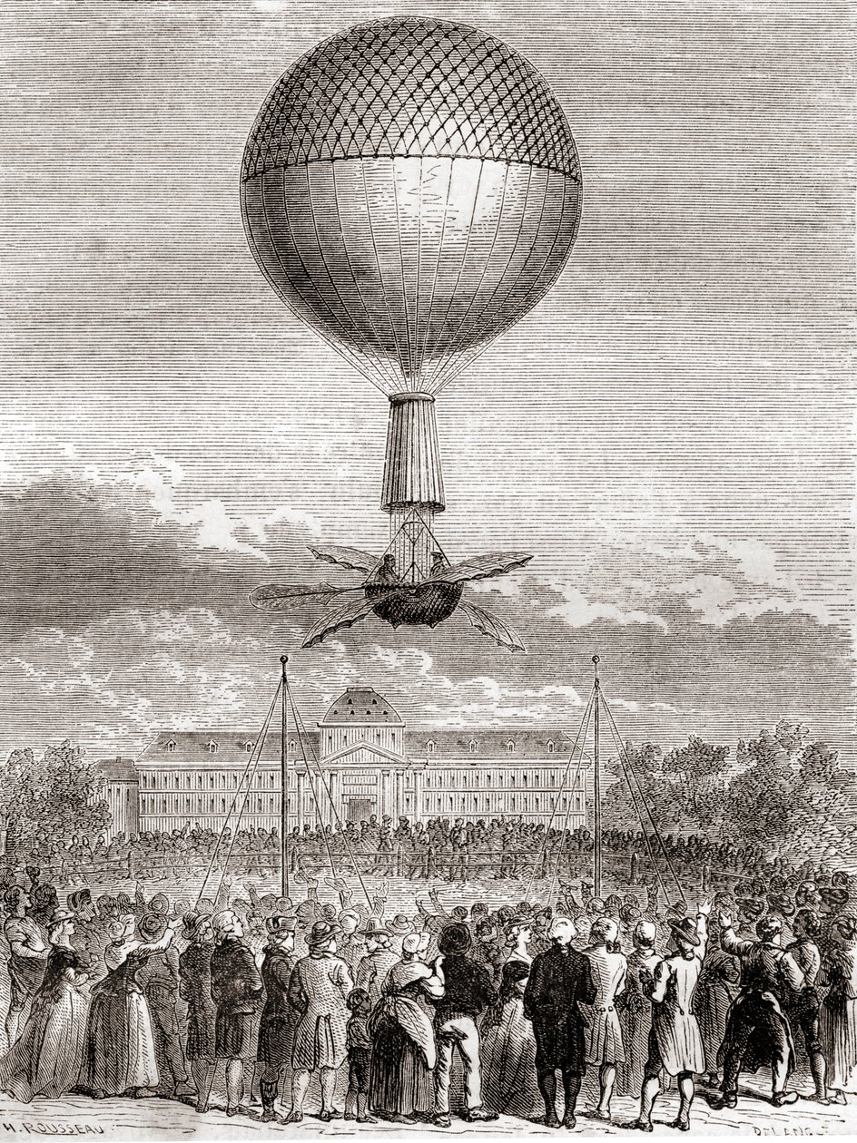 Il primo volo in mongolfiera di successo di Jean-Pierre François Blanchard il 2 marzo 1784, in un pallone a gas idrogeno lanciato dal Champ de Mars, Parigi, Francia, da Les Merveilles de la Science, pubblicato c.1870 da French School