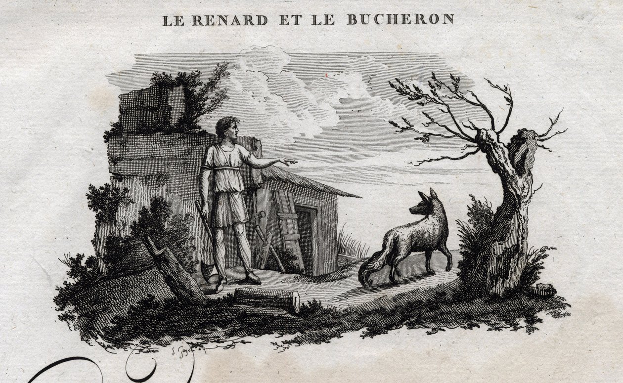 La volpe e il boscaiolo. Favola di Esopo. Scritta da Guillaume Montfort e incisa da Beauble nel 1801. da French School