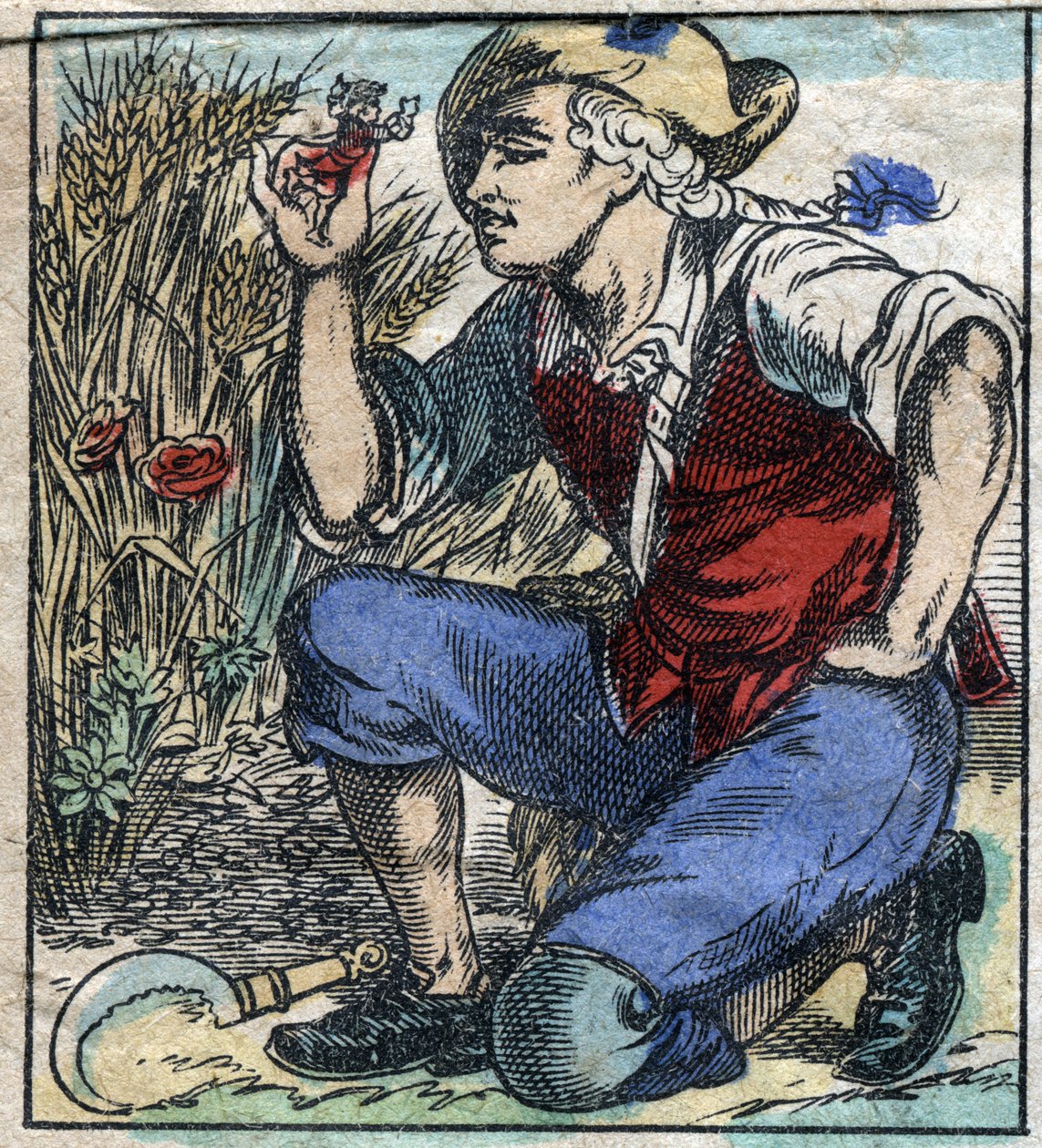Il gigante agricoltore di Brobdingnag afferra Lemuel Gulliver. Illustrazione per "I viaggi di Gulliver" di Jonathan Swift (1667-1745). Immagine di Epinal fine XIX secolo. da French School