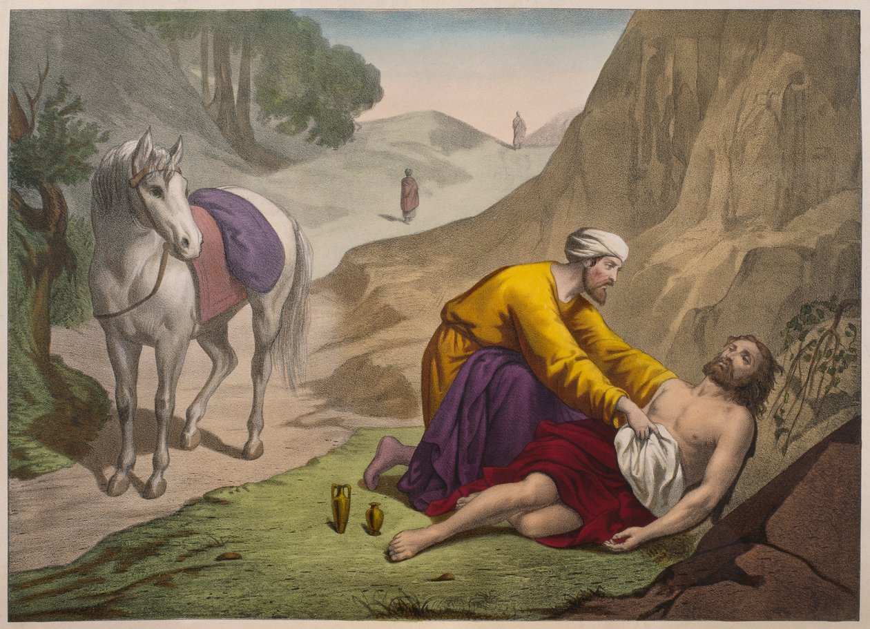 Il buon samaritano, illustrazione da un catechismo L