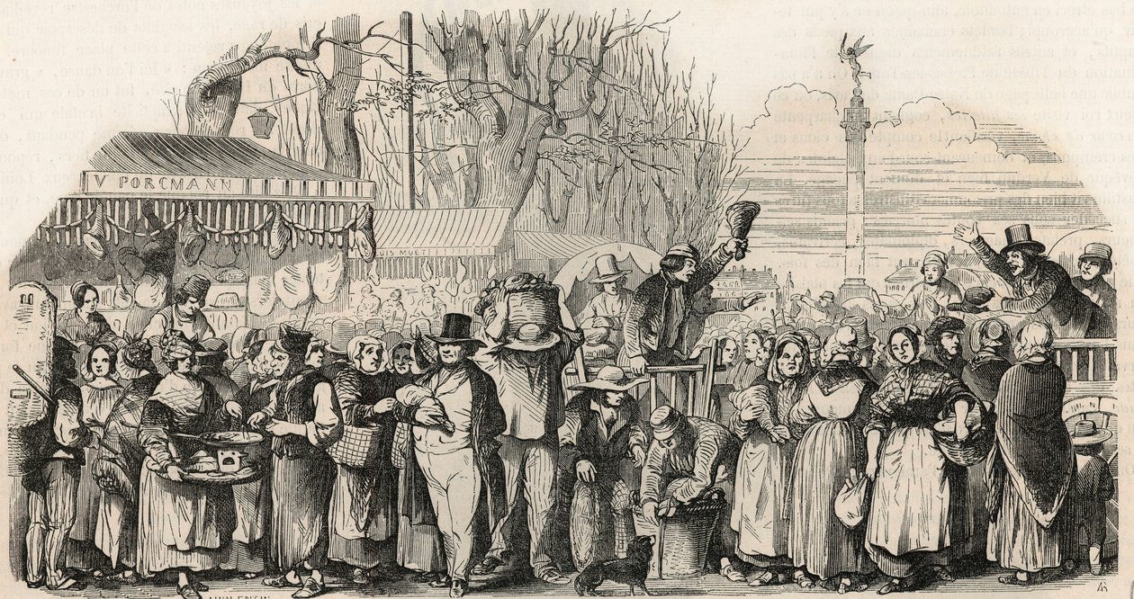 La fiera del prosciutto sul Boulevard Bourdon a Parigi - Incisione in "Tableau-de-Paris" di Edmond Texier 1852 da French School