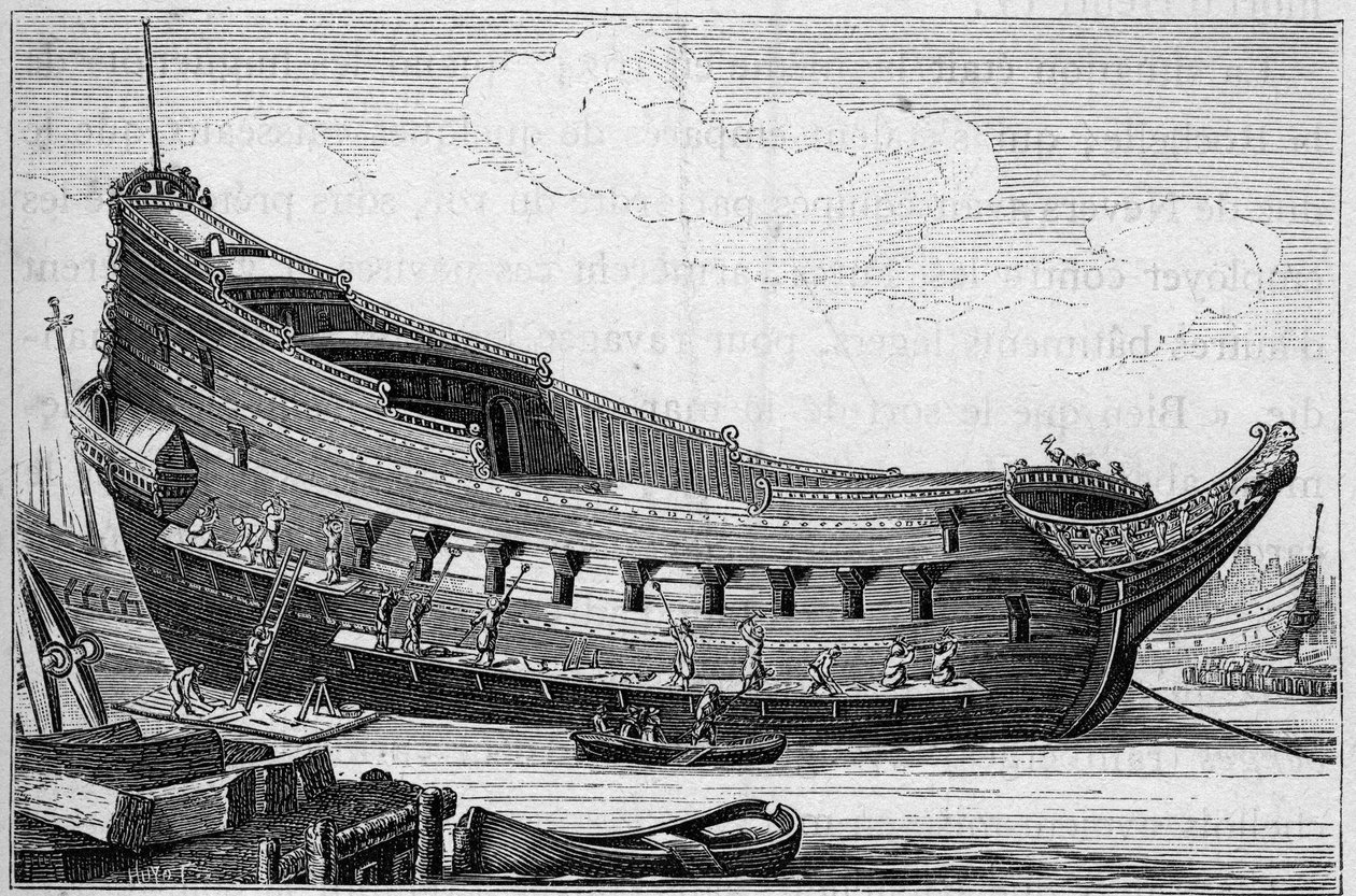 Lo scafo di una grande nave nel XVII secolo. Incisione in 