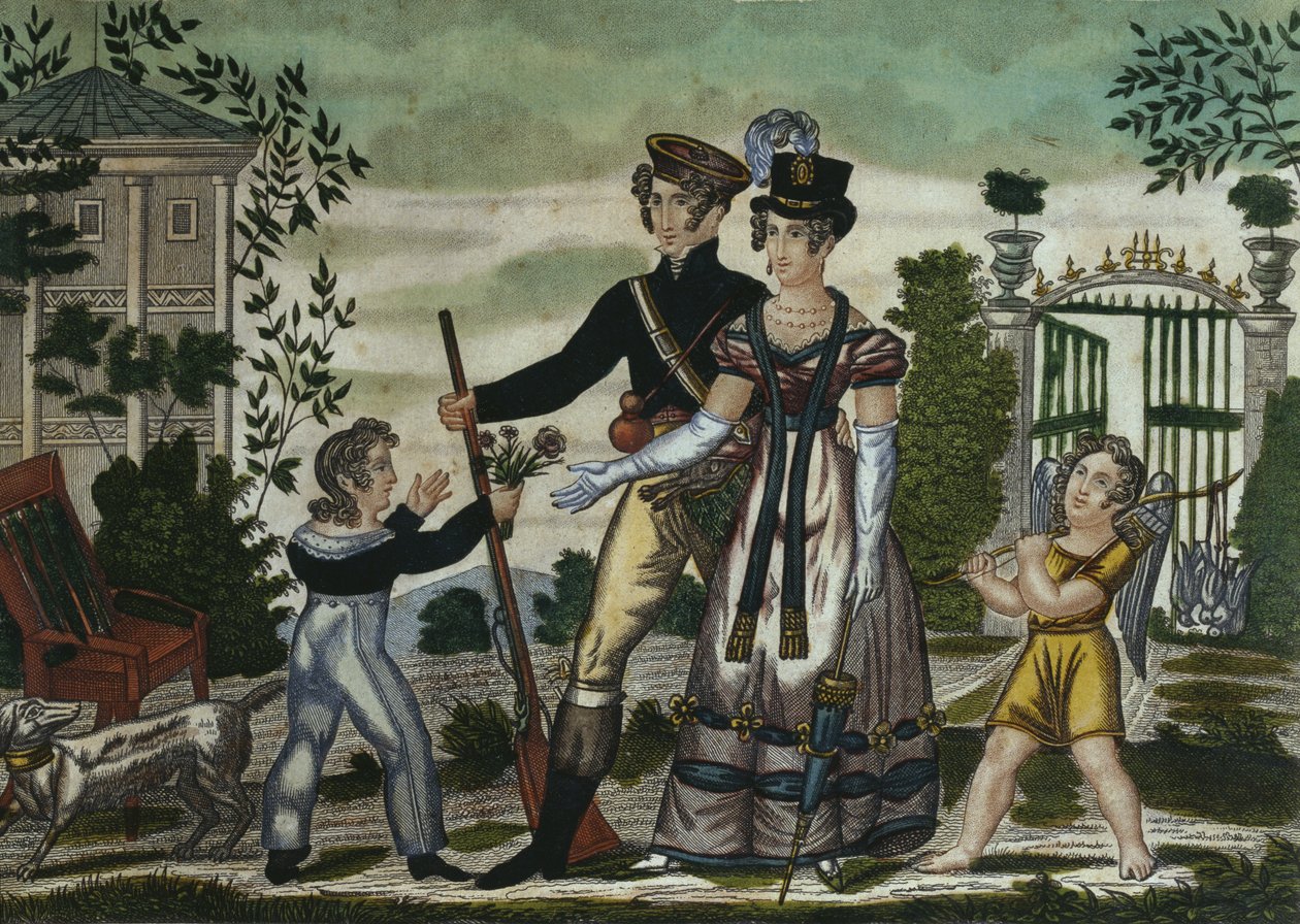 Il ritorno dei cacciatori, tavola 4, inizio XIX secolo (incisione a colori) da French School