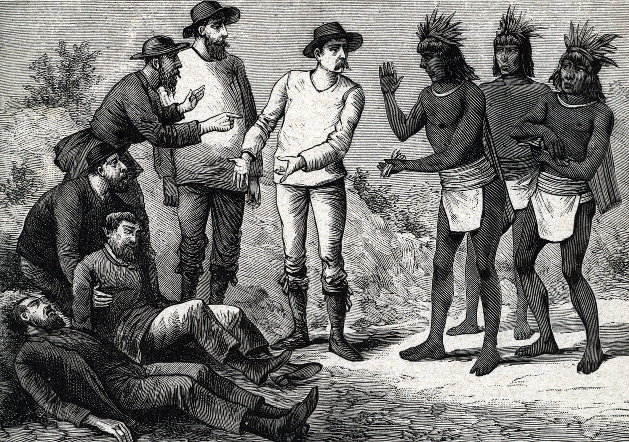Gli abitanti del Perù aiutano gli europei coloniali affetti da malaria con la cinchona (incisione) 1888 da French School