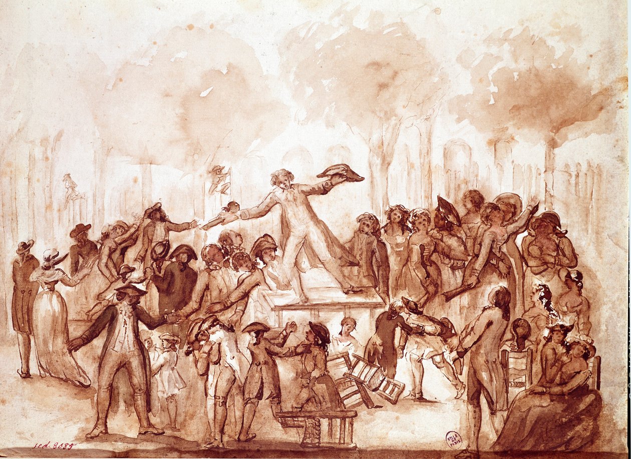 Il giornalista Camille Desmoulins (1760-1794) arringava i patrioti nei giardini del Palazzo Reale. Prima scena della rivoluzione francese a Parigi, 12 luglio da French School