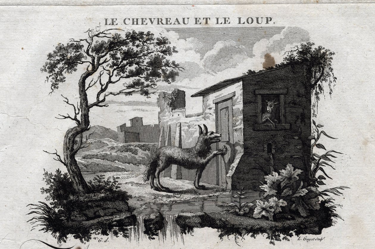 Il capretto e il lupo. Favola di Esopo. (Scrittore greco Esopo o Ecopo, VI secolo a.C.) Scritta da Guillaume Montfort e incisa da Beauble nel 1801. da French School