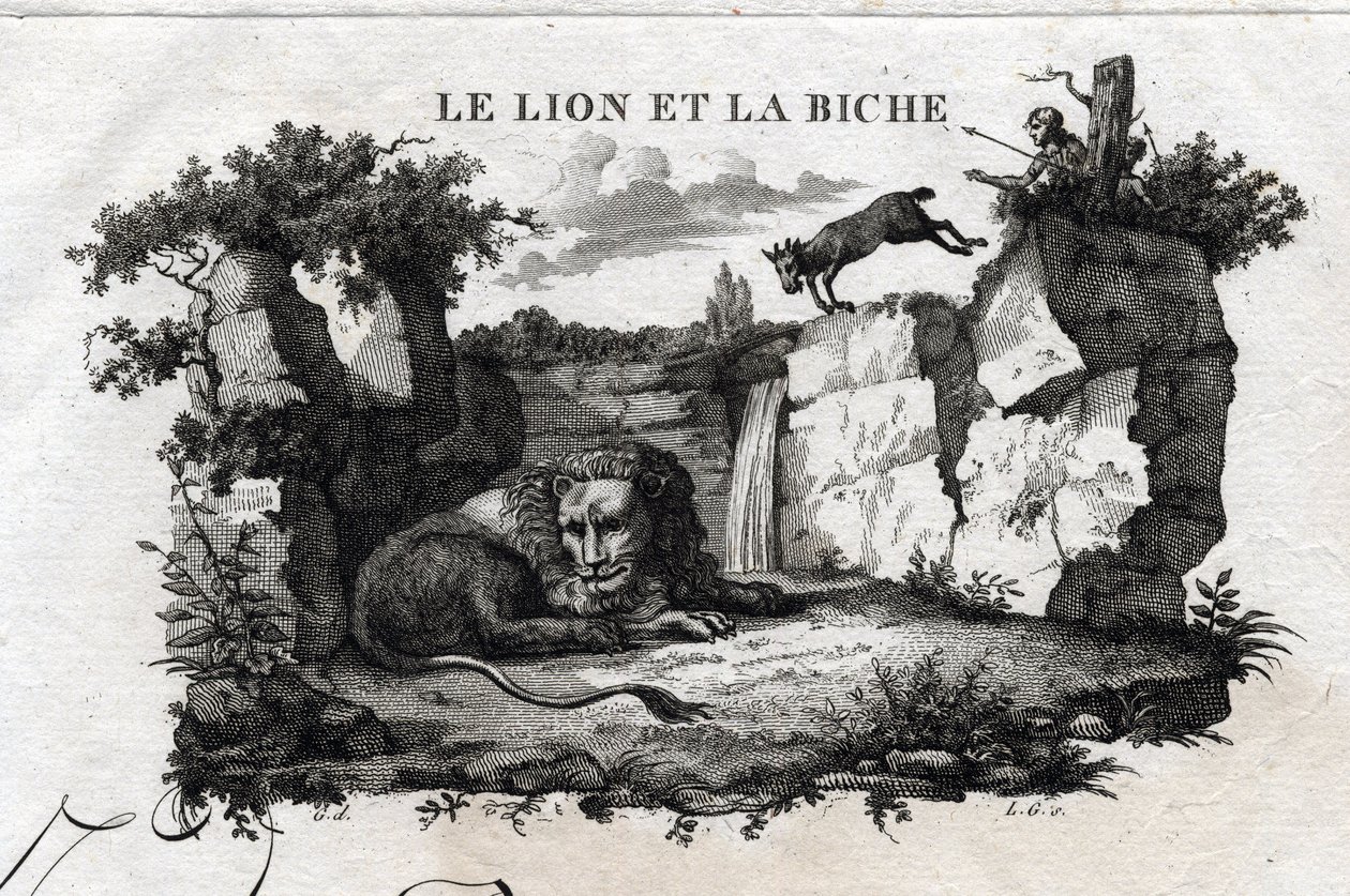 Il leone e il cervo. Favola di Esopo. Scritta da Guillaume Montfort e incisa da Beauble nel 1801. da French School