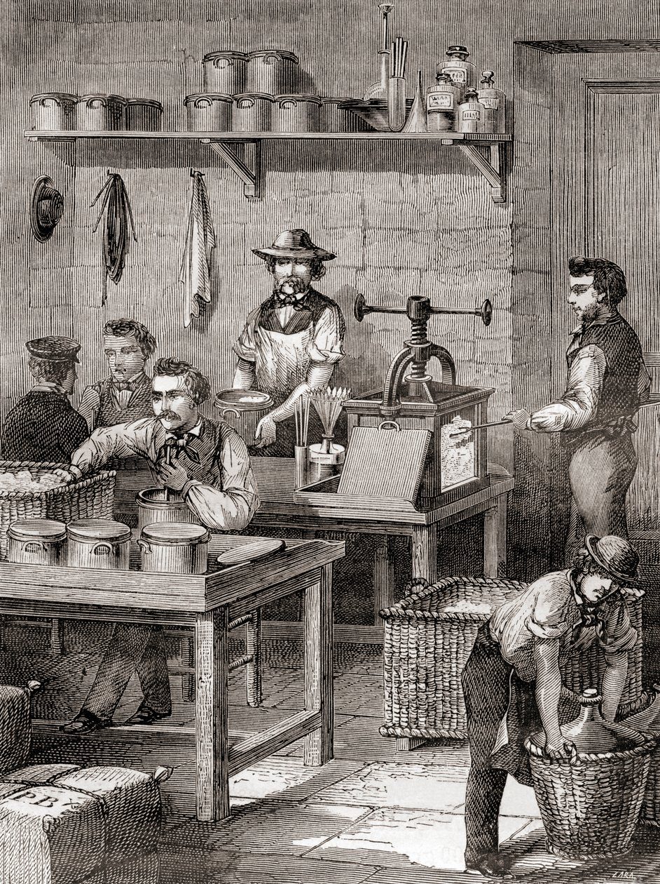 La fabbricazione del cotone da sparo nel XIX secolo, da Les Merveilles de la Science, pubblicato c.1870 da French School