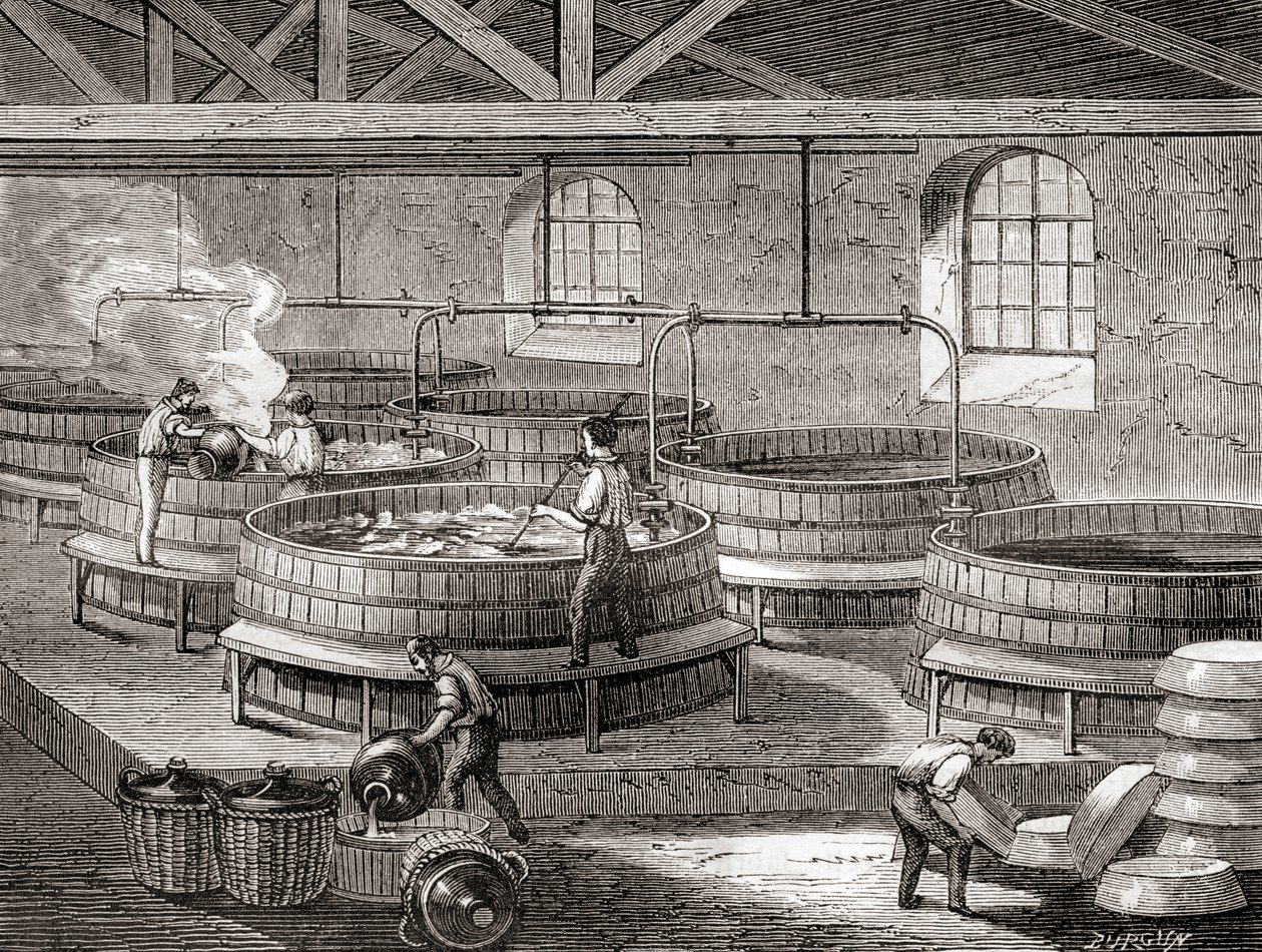 La fabbricazione del sapone in grandi vasche nel XIX secolo, da 