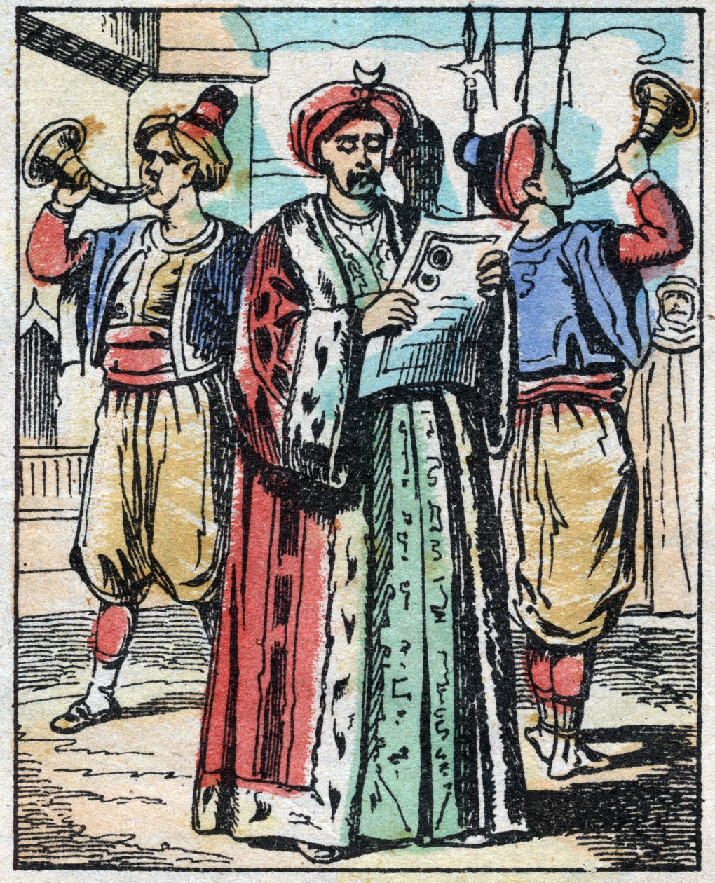 Il matrimonio della figlia del Sultano con il figlio del Gran Visir è annunciato da un lettore pubblico. Incisione del racconto Mille e una notte "Aladino e la lampada meravigliosa". Immagine di Epinal, fine XIX secolo. Collezione privata da French School