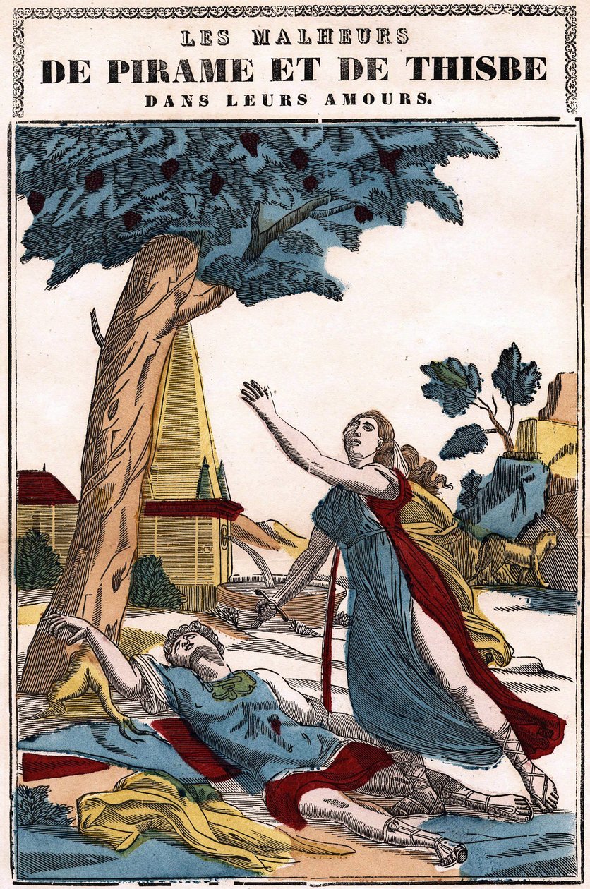 Le disgrazie di Piramo e Tisbe nel loro amore, raccontate da Ovidio nelle "Metamorfosi". Immagine di Epinal da French School