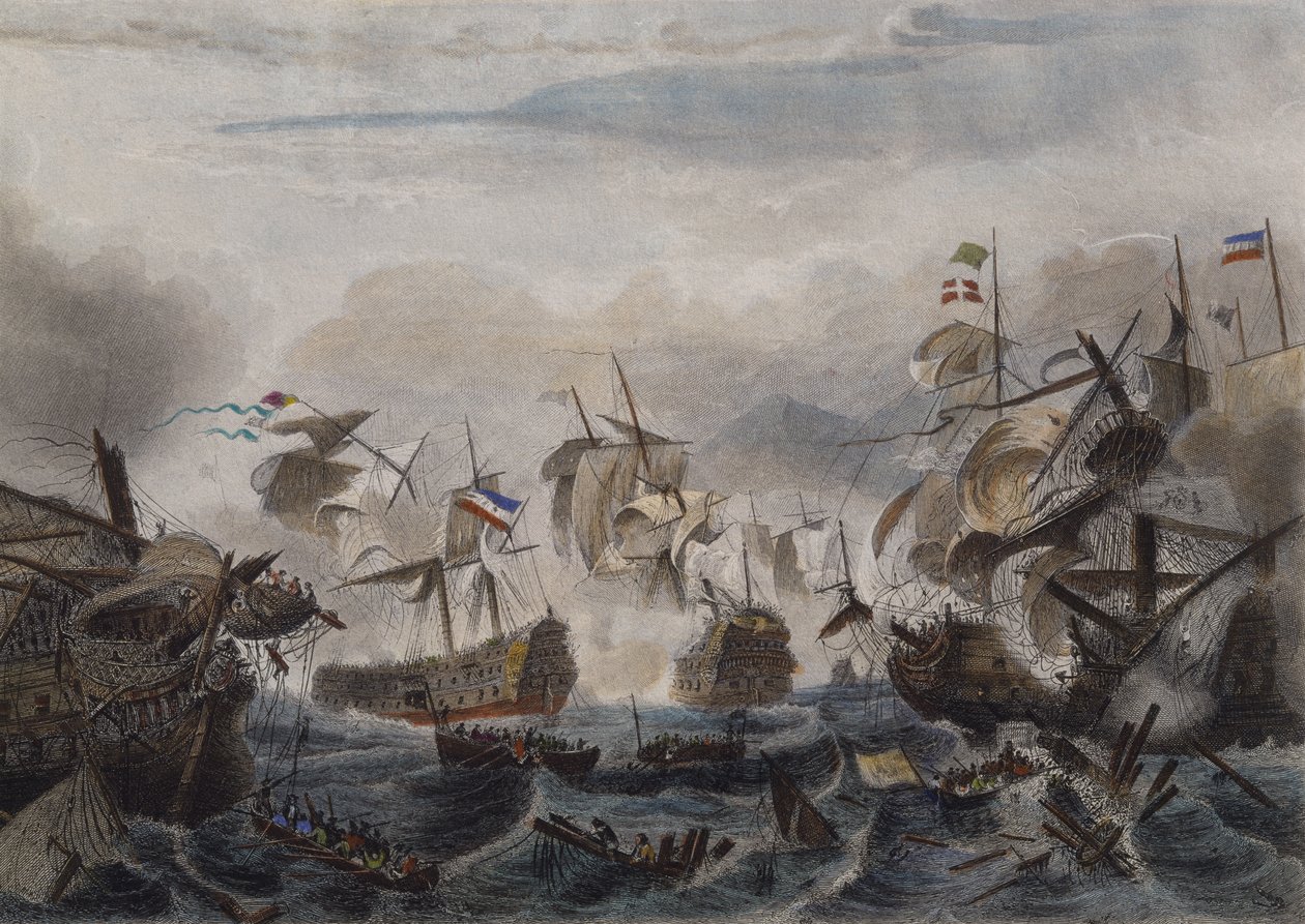 La battaglia navale di Capo La Hogue nel 1692, incisa da Chavanne da French School