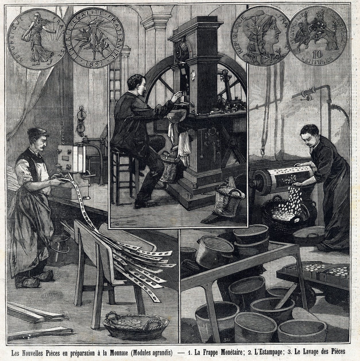 Le nuove monete francesi in preparazione hanno le monete e le fasi di fabbricazione (tipografia monetaria, stampaggio e lavaggio delle monete). In 