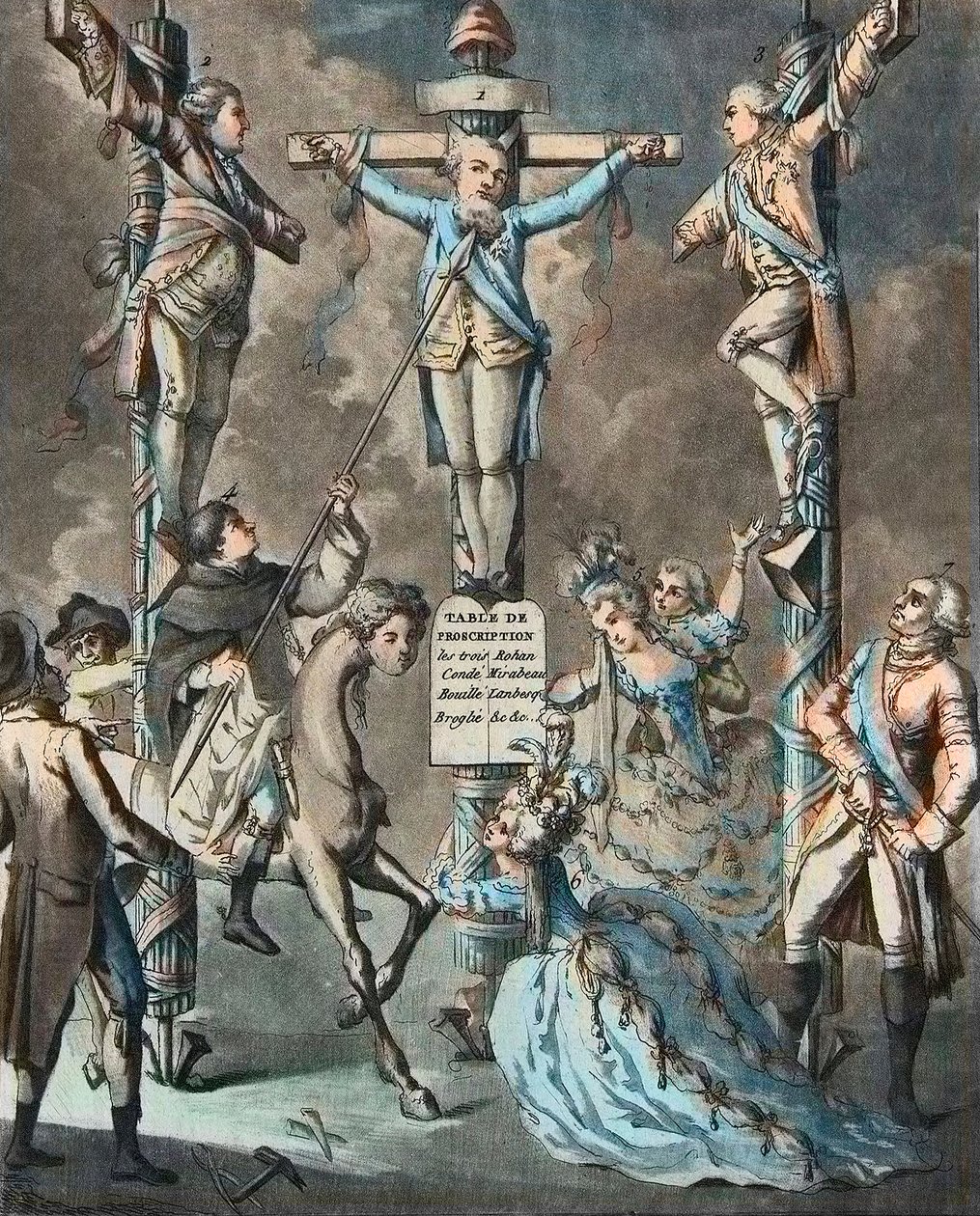 Il nuovo calvario, Luigi XVI messo in croce dalle rivolte - 2. e 3. Monsieur (Louis Stanislas Xavier, Conte di Provenza (1755-1824), Luigi XVIII) e il Conte di Artois (Charles Philippe (1757-1836) Carlo X), fratelli del Re, appoggiati dai decreti da French School