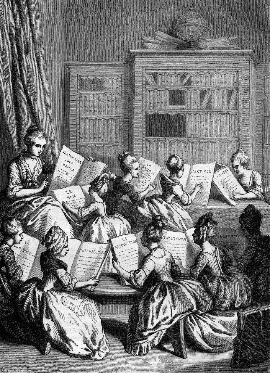 Le nove parti del discorso. Lezione di grammatica scolastica. XVIII secolo? Incisione del 1868 da French School