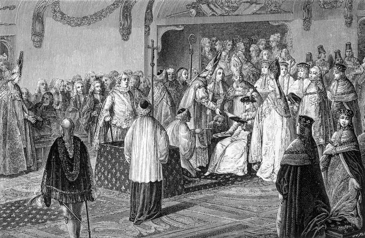 Il giuramento di Luigi XVI durante la sua sacra incisione da French School