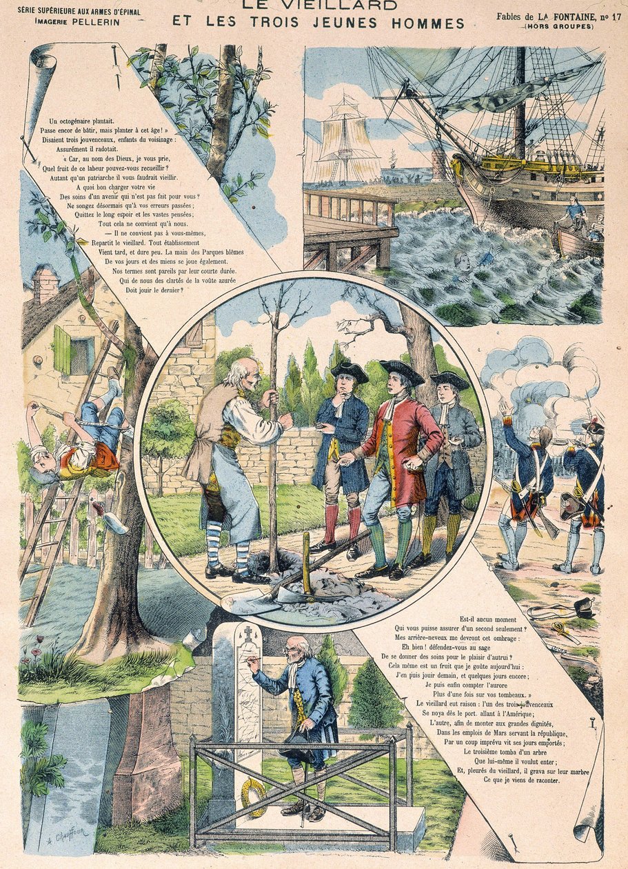 Il vecchio e i tre giovani - Favole di La Fontaine in immagini di Epinal da French School