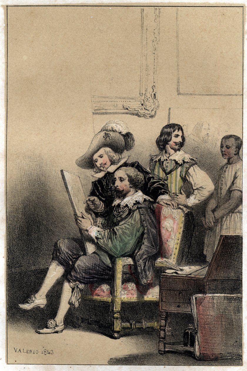 Il pittore Diego Velasquez (1599-1660) accoglie nel suo studio Pierre Paul (Pierre-Paul) Rubens (o Peter Paul o Petrus Paulus) (1577-1640). Tavola tratta da "Scene della vita degli uomini famosi" incisione a due colori di Valerio. 1843 da French School
